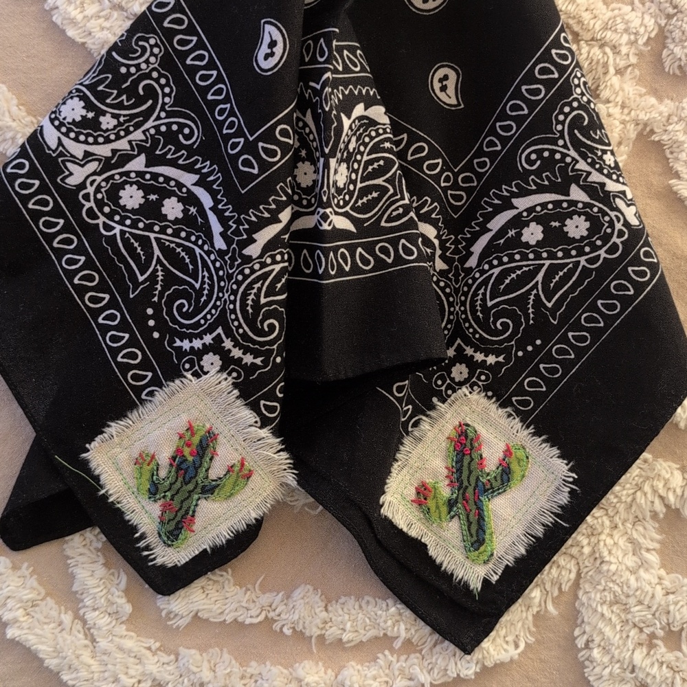 Bandana scarf w cactus, upcycled, embroidery cactus patch, Pick 1 HANDMADE ITEM - Picture 6 of 16